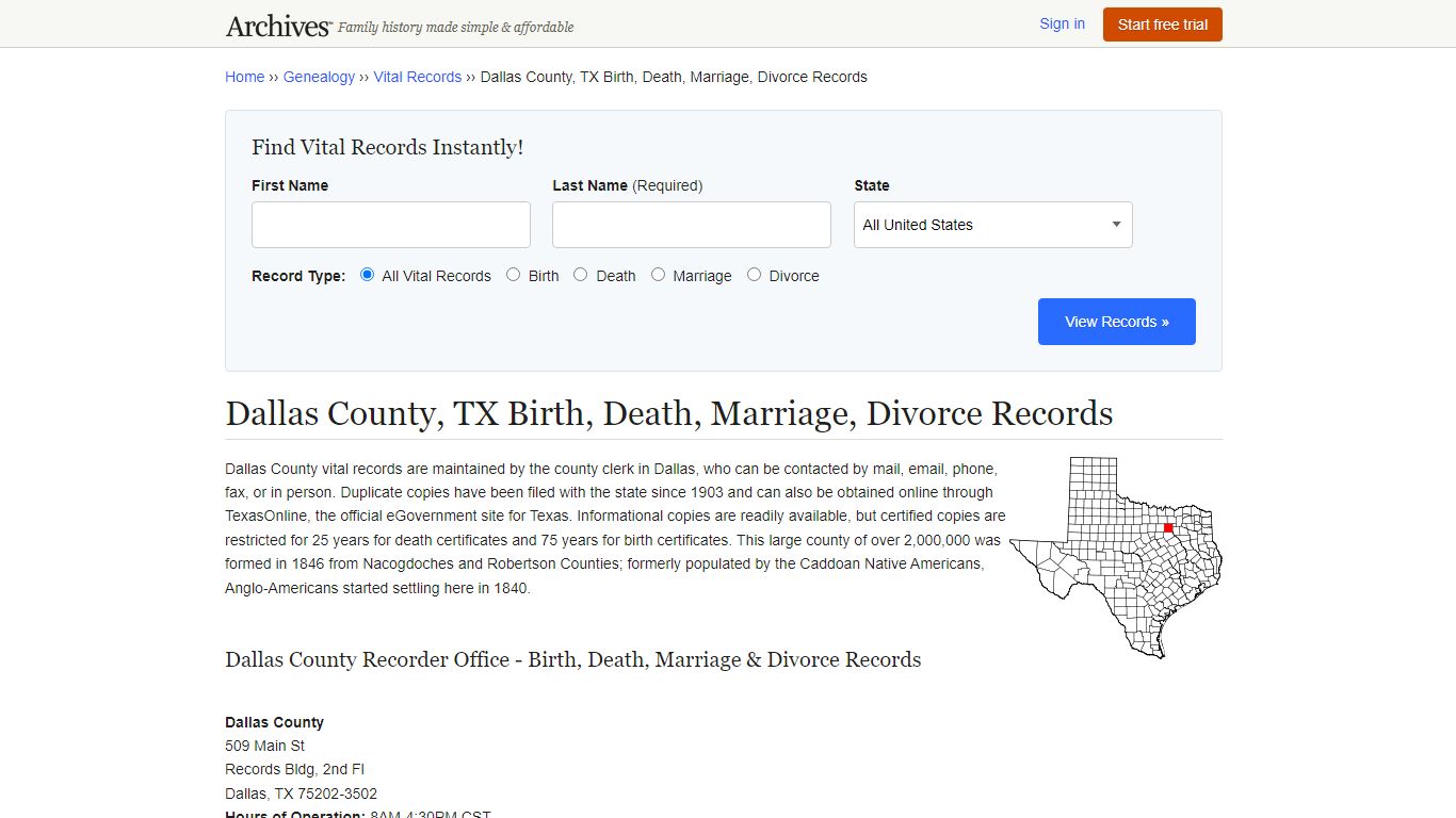 Dallas County, TX Birth, Death, Marriage, Divorce Records